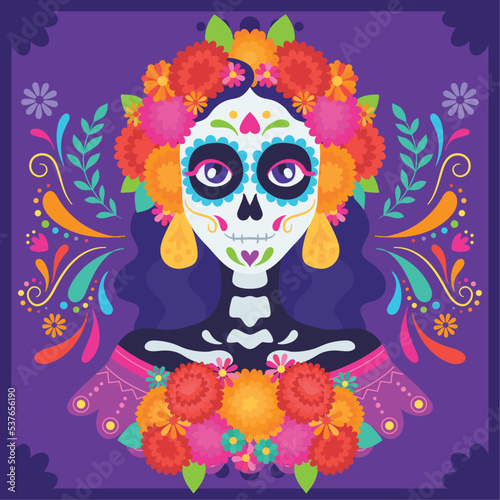 Fototapeta Naklejka Na Ścianę i Meble -  Colored dia de los muertos poster Girl with skull make up Vector illustration