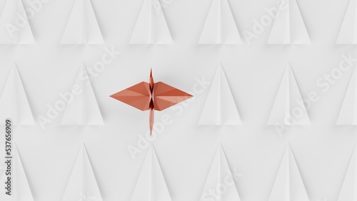 Fototapeta Naklejka Na Ścianę i Meble -  Origami of orange crane and many airplanes on white board under white lighting background. Concept 3D CG of Japanese traditional culture, wish for world peace and legendary president.