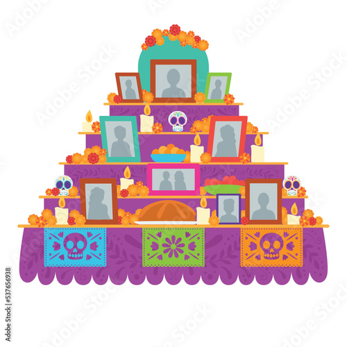 Isolated mexican altar with skulls and photos Vector illustration