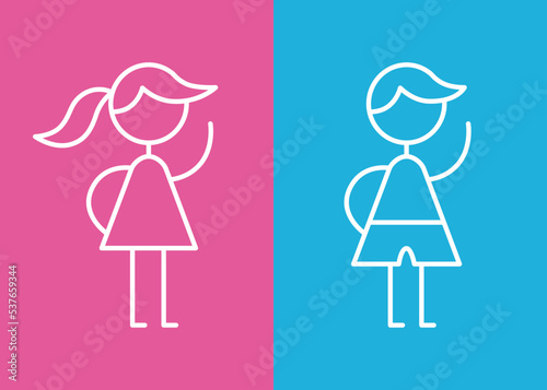 Woman or girl and man or boy simple vector line icons  pink and blue female and male symbols  wc signs  gender equality.