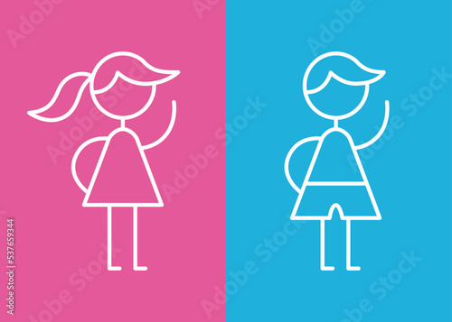 Woman or girl and man or boy simple vector line icons, pink and blue female and male symbols, wc signs, gender equality.