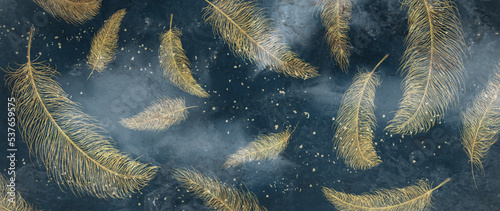 Luxury blue art background with golden feathers in line style with watercolor texture. Hand drawn vector banner for wallpaper design, packaging, textile, decor, print.