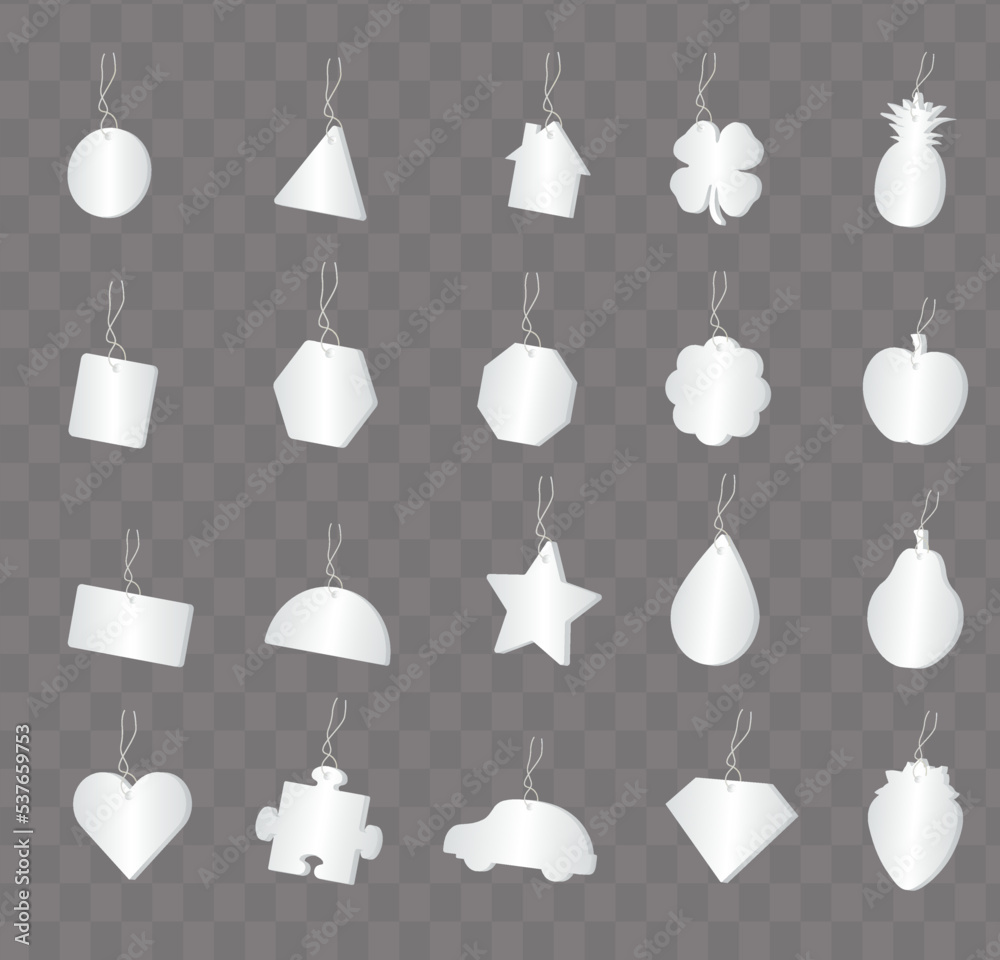 Vector illustrations of hanging air fresheners in a variety shapes to be used for editable mockups or product presentations. Vector illustrations of hanging air fresheners in a variety shapes to be used for editable mockups or product presentations.