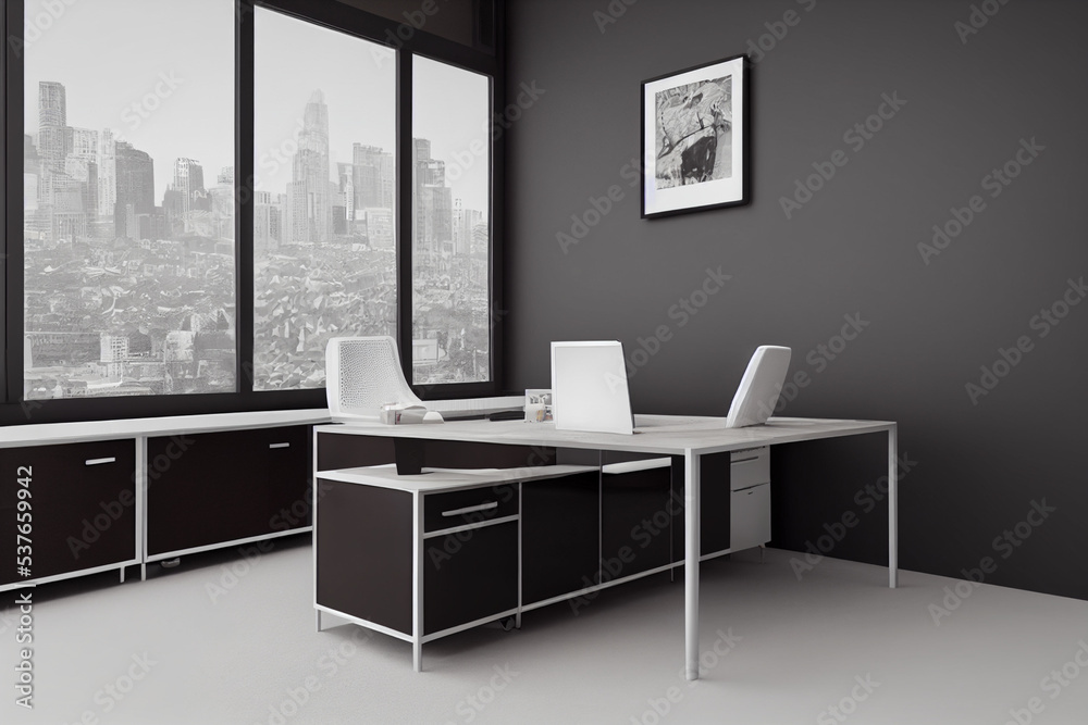 Office executive office with desk and chairs, large window and blank wall 3d illustration
Office executive office with desk and chairs, large window and blank wall 3d illustration