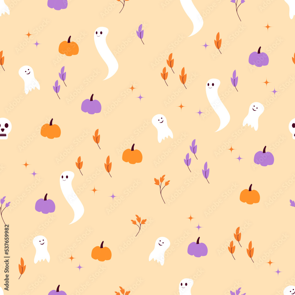 Halloween seamless pattern with ghosts and pumpkins on light background Vector illustration Texture for wrapping and fabric