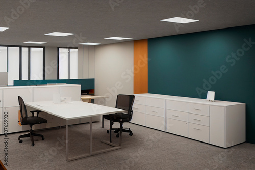Office furniture in a room. Desk and chairs for employees, empty wall and windows 3d illustration 