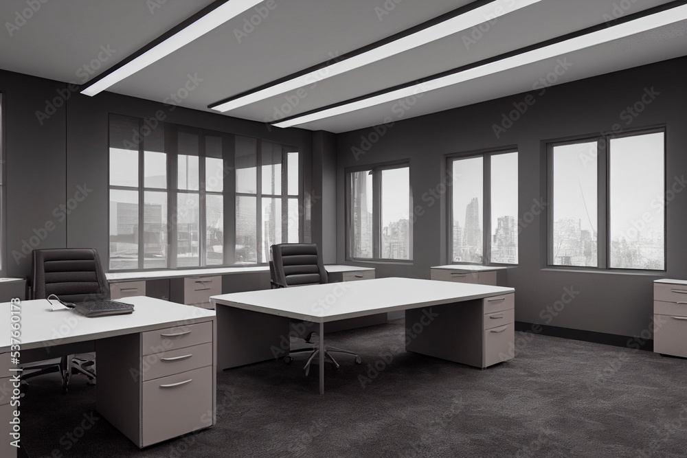 Fototapeta premium Black and white image of office space, desks and chairs for employees 3d illustration 