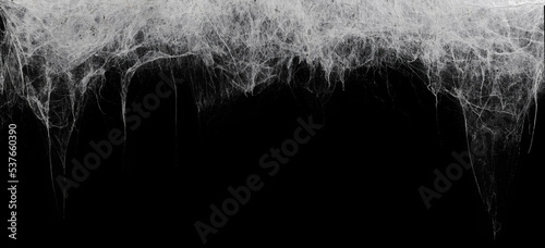 Creepy hanging spider web or cobweb on black, top border. Spooky Halloween or gothic background.