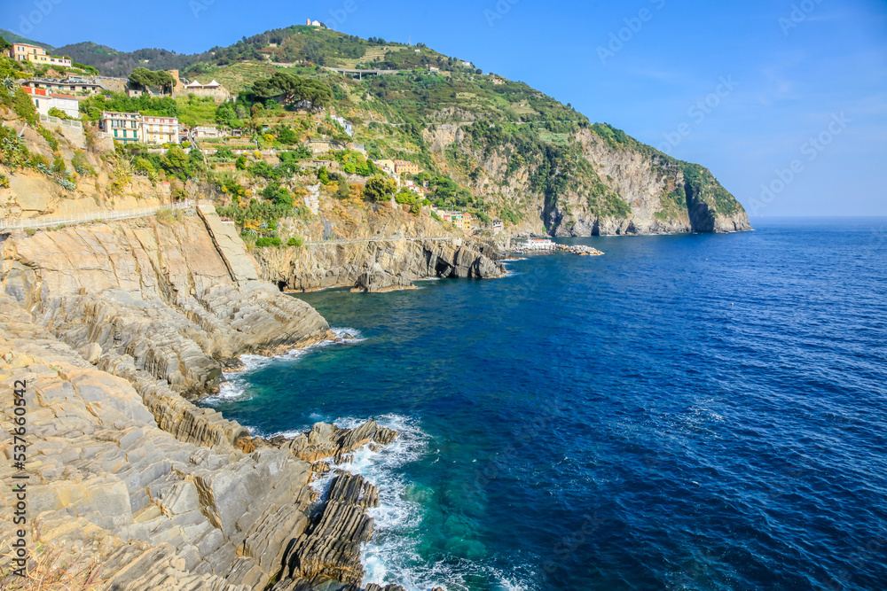 Monterosso al mare idyllic beach, Cinque Terre cliffs, Liguria, Italy