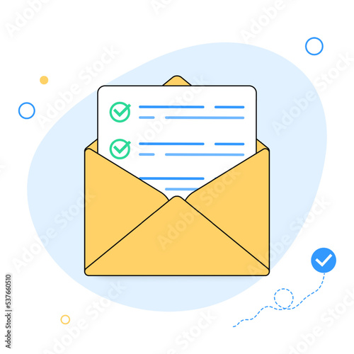 Survey vote email checklist icon vector or mail letter with online task exam form selection flat cartoon illustration, concept of digital envelope with questionnaire quiz document with check marks