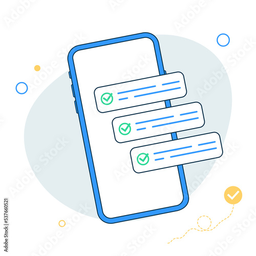 Checklist. Smartphone with green checkmarks. Check marks, ticks on mobile phone screen. Survey, check list, complete, application form, questionnaire concepts. Vector Illustration
