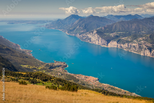 Above idyllic and turquoise Lake Garda from Monte Baldo, Malcesine, Italy