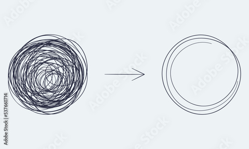 Chaotically tangled line and untied knot in form of circle. Psychotherapy concept of solving problems is easy. Unravels chaos and mess difficult situation. Vector illustration