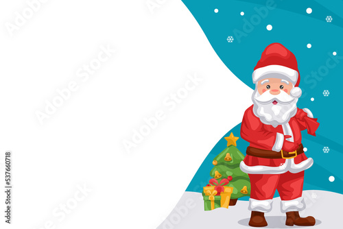 Merry christmas background with santa claus throwing gift bag on snow with tree and gift boxes. Christmas banner with space for text with transparent background