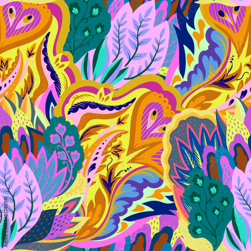 Colorful seamless pattern with crazy psychedelic organic abstract elements, print with plant and mushrooms motifs 