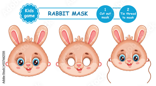 Cut rabbit Christmas carnival face mask. Cute bunny animal character head portrait. DIY children paper game. Chinese New Year. Masquerade decoration costume for holiday party. Kids craft page. Vector