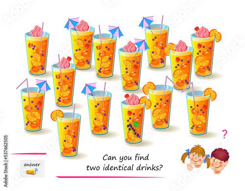 Logic puzzle for children and adults. Can you find two identical drinks? Page for kids brain teaser book. Task for attentiveness.  IQ test. Play online. Vector cartoon illustration.