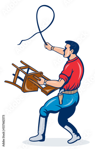 illustration of a male lion tamer with whip and holding a chair isolated on white photo