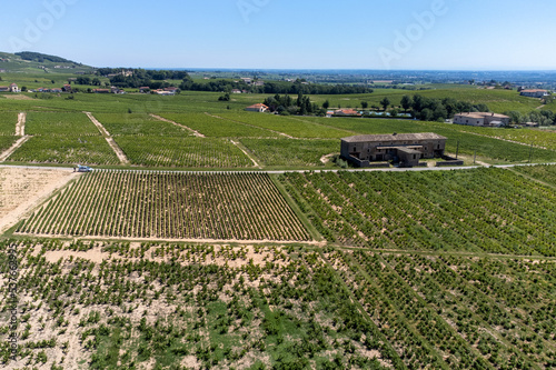 Aerial view on vineyards and villages near Mont Brouilly, wine appellation Côte de Brouilly beaujolais wine making area along Beaujolais Wine Route, France