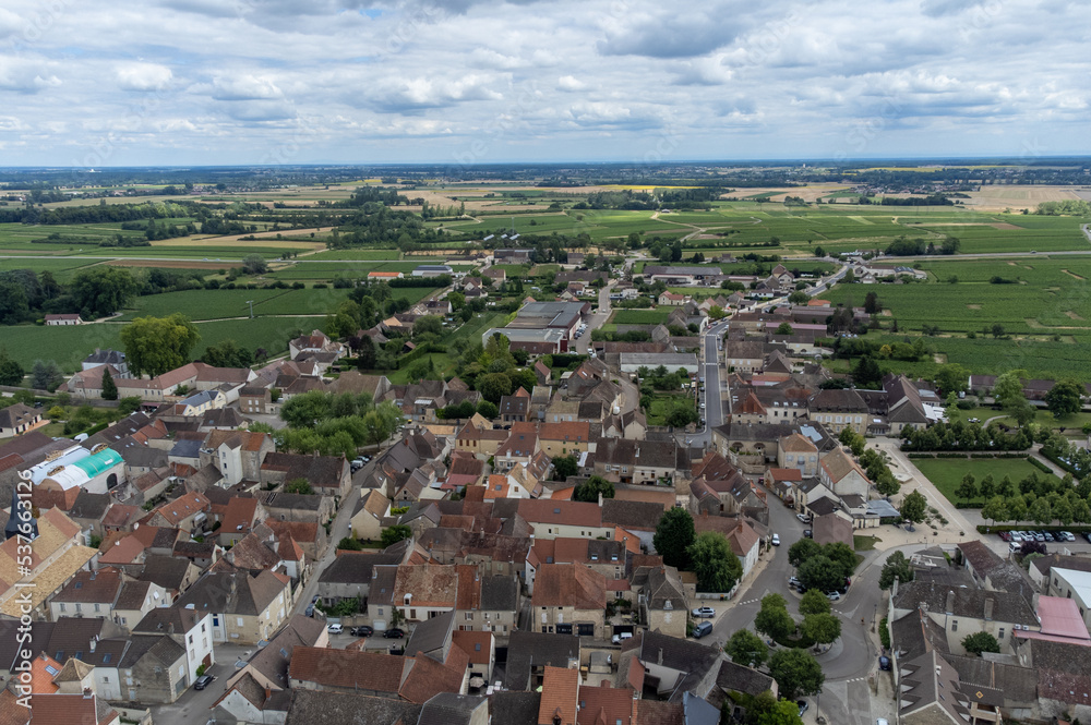 Aerial view on green vineyards and Puligny-Montrachet village, production of high quality famous French white wine in Burgundy, France