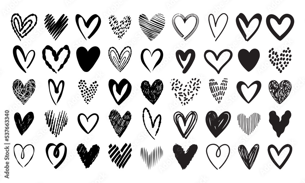 Sketch heart love symbol collection. Hand drawn ink heart shape