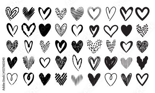 Sketch heart love symbol collection. Hand drawn ink heart shape