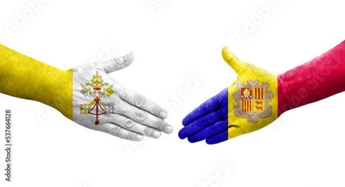 Handshake between Andorra and Holy See flags painted on hands, isolated transparent image.