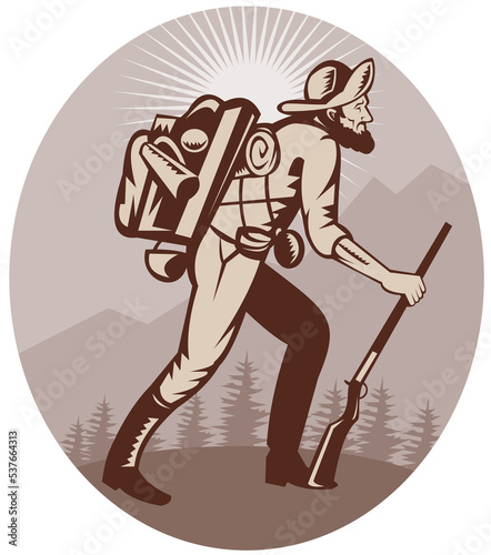 Quadro su tela illustration of a Miner prospector hunter trapper hiking with sunburst in backgr