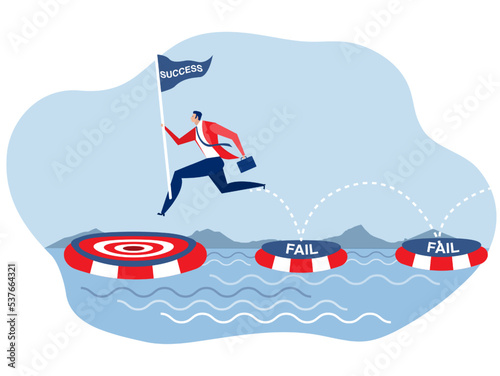 Goal to success ,businessman holding success flag with jumping on many time of failures floating on water and finally reach success goal concept flat illustrator vector 