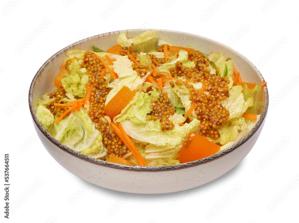 Delicious salad with Chinese cabbage and mustard seed dressing isolated on white Delicious salad with Chinese cabbage and mustard seed dressing isolated on white