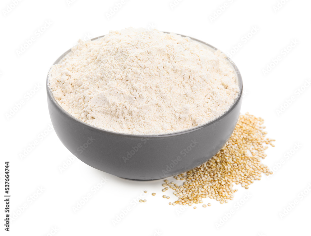 Bowl with quinoa flour and grains on white background