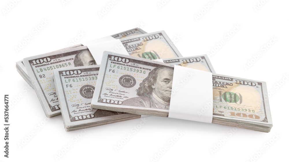 Bundles of dollar banknotes isolated on white. American national currency Bundles of dollar banknotes isolated on white. American national currency