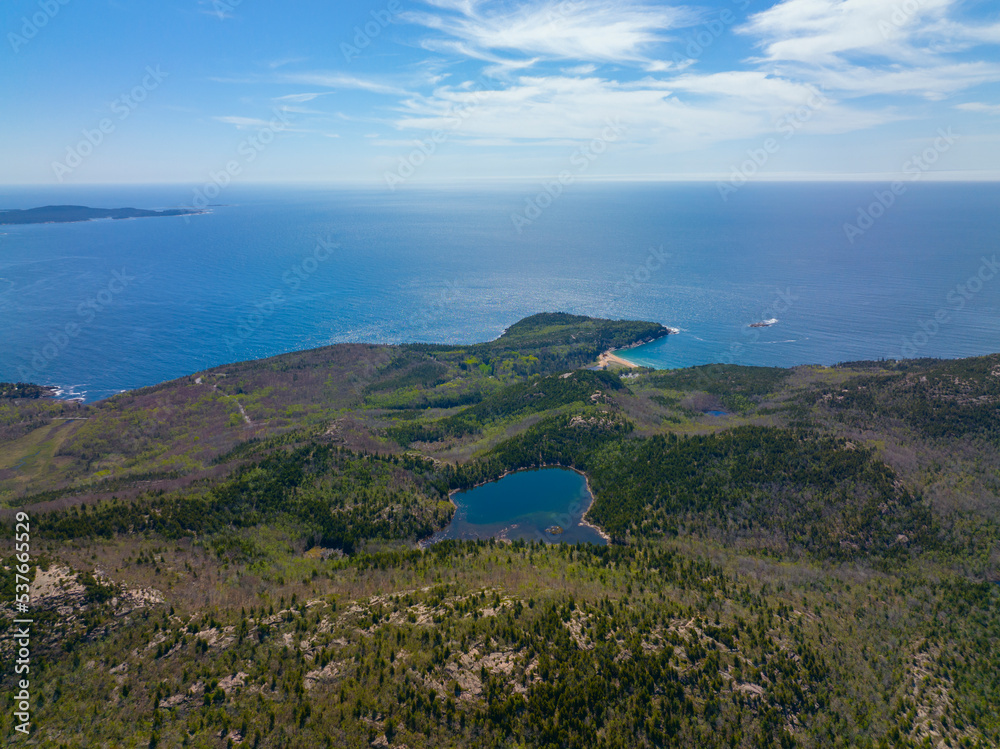 Acadia National Park aerial view including Frenchman Bay on Mt Desert Island, Maine ME, USA.  