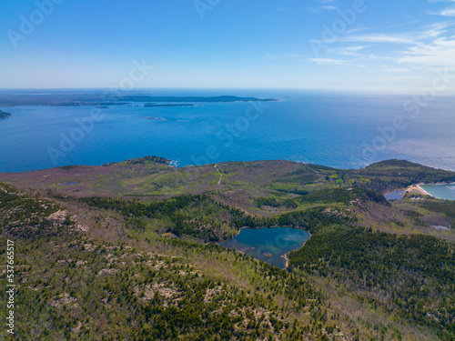Acadia National Park aerial view including Frenchman Bay on Mt Desert Island, Maine ME, USA. 