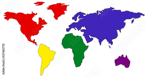 
World map with colored continents without description. Each continent has a specific color. Each continent is separated by layers to be modified.
