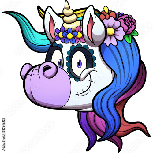 Day of the dead unicorn face. Vector clip art illustration with simple gradients. All in one single layer.