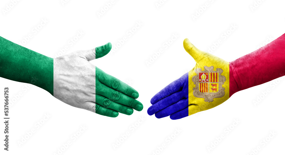 Handshake between Andorra and Nigeria flags painted on hands, isolated transparent image.
