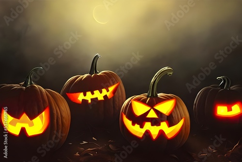 The pumpkins are sitting on the doorstep, waiting to scare trick-or-treaters. They're big and orange and have sharp teeth carved into their mouths. Their eyes are hollowed out, making them look even m