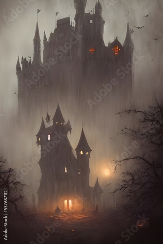I am standing in front of a huge, dark castle. It is Halloween night and the air is cold and eerie. There are bats flying around the towers and jack-o-lanterns glowing in the windows. I am