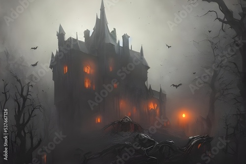 The Halloween scary castle is a spooky old building with pointy turrets and huge windows. It's surrounded by dark trees, and there's a full moon in the sky.