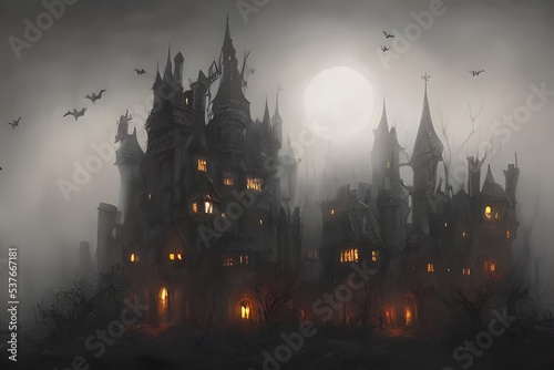 The Halloween scary castle is a spooky place that is perfect for some scares on the holiday. The castle has a dark and foreboding atmosphere, and it looks like it would be full of ghosts and ghouls. photo