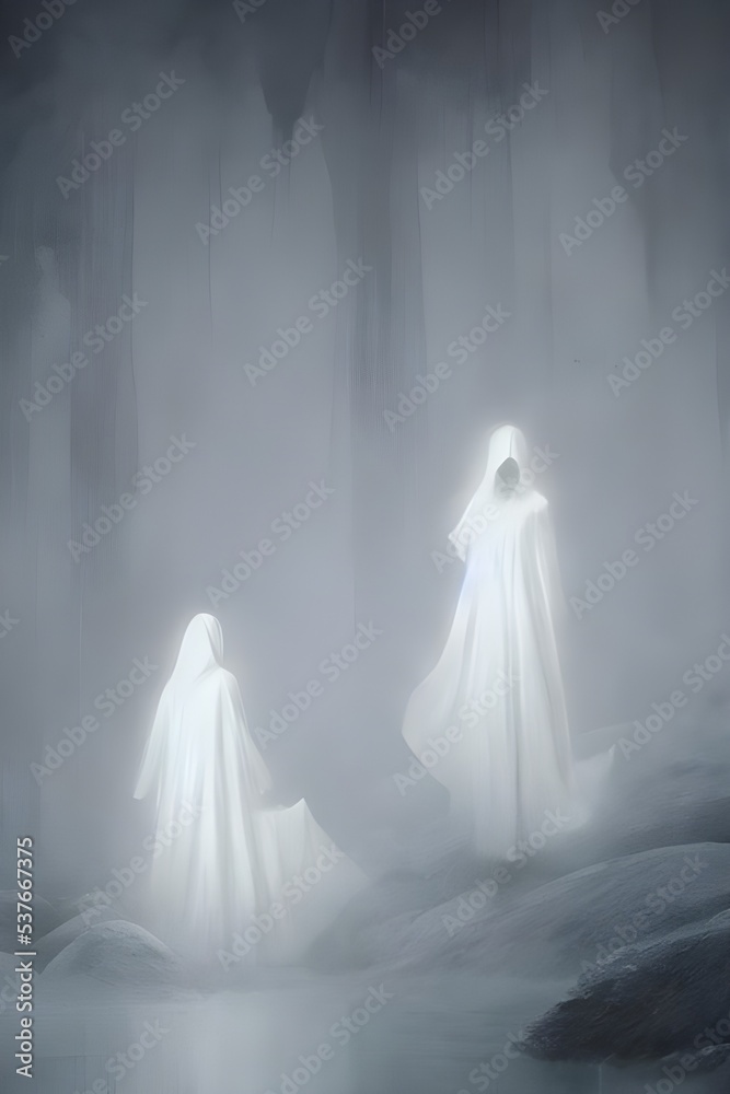 The picture is of three ghosts with sheet over their heads. They have black eyes and are standing in front of a door. The picture is of three ghosts with sheet over their heads. They have black eyes and are standing in front of a door.