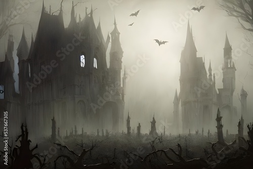 The Halloween scary castle is looming in the distance  its imposing stature making it seem even more frightening. The walls are covered in ivy  and the windows are dark and foreboding. There seems to 