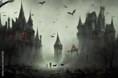 I am standing in front of an old, abandoned castle on Halloween night. The wind is blowing and the leaves are rustling. I can hear bats screeching in the distance. The door to the castle is open and I