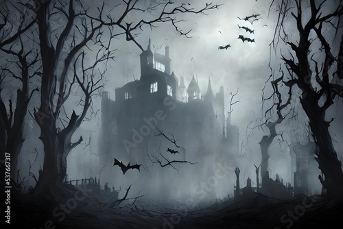 A giant, dark castle looms in the distance. It's spooky turrets and pointy roof are illuminated by a full moon. A cold wind blows through the nearby trees, making their leaves rustle eerily.