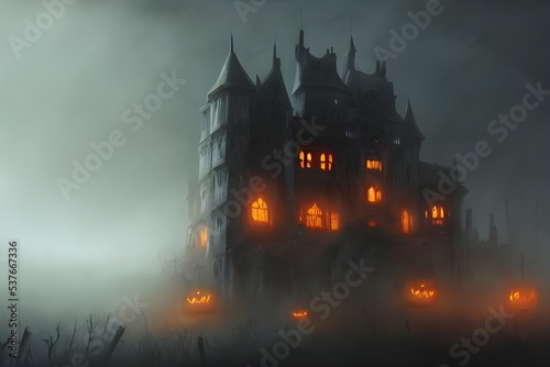 The Halloween scary castle is a spooky sight. It's surrounded by dark trees, and the sky is full of clouds. The castle itself is old and decrepit, with broken windows and cracks in the walls. Cobwebs