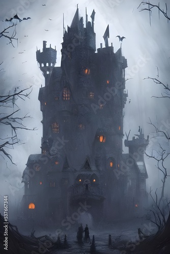 I am looking at a Halloween castle that is surrounded by a foggy forest. The trees are dead and the leaves are falling off. In the distance, I can hear wolves howling.
