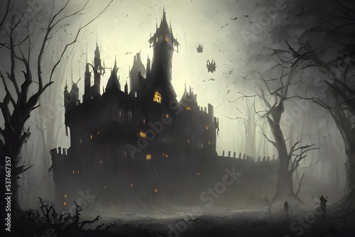 The Halloween scary castle is a big, dark, and spooky place. It has many rooms and secret passages. There are bats flying around and ghosts haunting the halls.