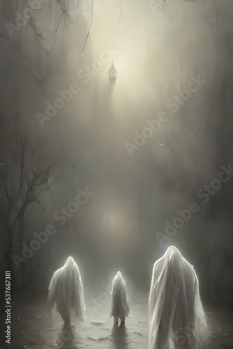 I am looking at a picture of some ghosts. They are floating in the air and they look very scary. I can see their eyes and mouths but no other features. They are all wearing sheets or shrouds that cove