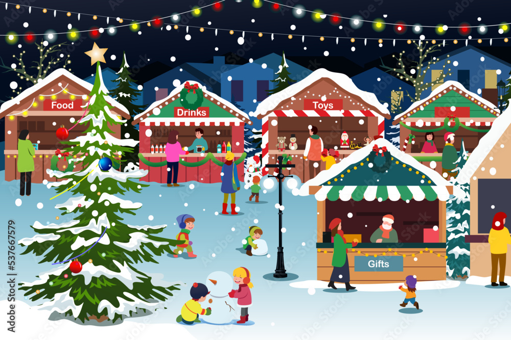 Christmas Holiday Season Outdoor Market Bazaar Vector Illustration